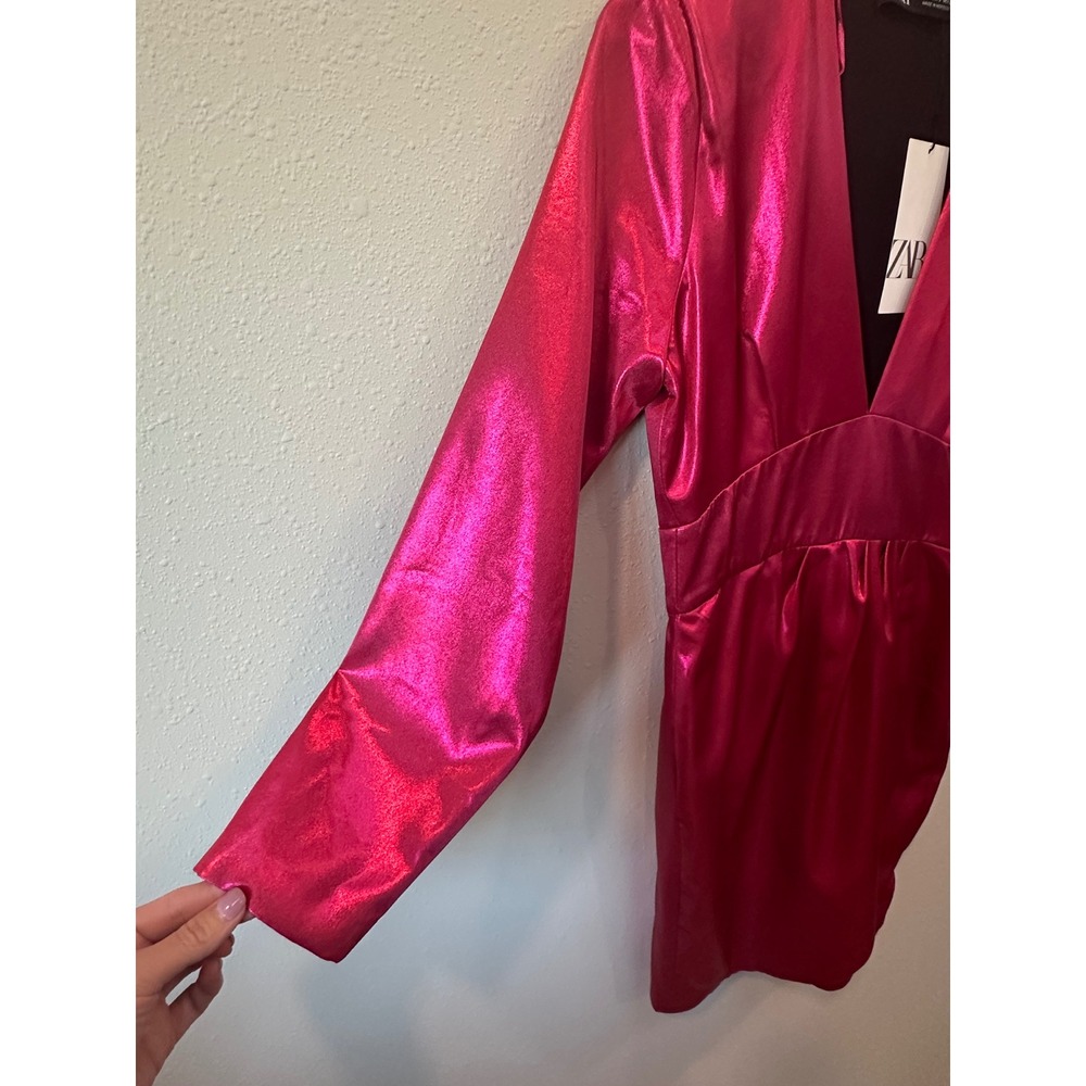 Zara Metallic Mini Dress Womens Small Pink V-Neck Long Sleeve Party Glam (Flaw) - Picture 14 of 16